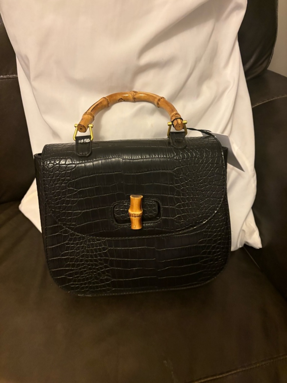 Fawn Design Black Croc-Textured Bamboo-Handle Top-Handle Bag NWT